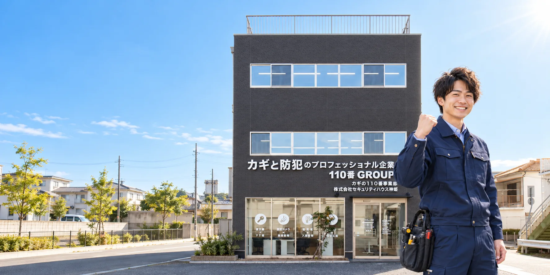 セキュリティハウス神姫の建物と、右側に立つスタッフのイメージ